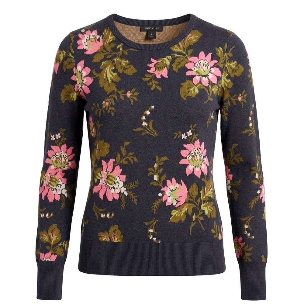 Ann Taylor Womens Navy Pink Floral Vintage Inspired Knit Crew Neck Sweater  S